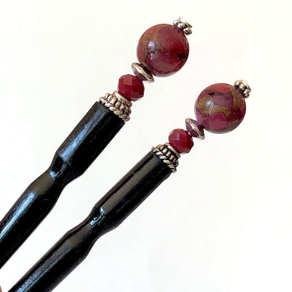 Set of 2 Red and Gold Beaded “Wynn” Tidal Hair Sticks- Get a Gorgeous 90's/Y2K Messy Bun. FREE US shipping. Handmade