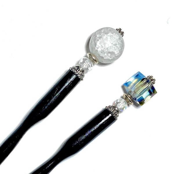 Y2K Hair Sticks are Back! Set of 2 Tidal Hair Sticks. Blue Glass "Marley" and White Crackle Quartz "Elodie". Handmade. Free US Shipping