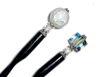 Y2K Hair Sticks are Back! Set of 2 Tidal Hair Sticks. Blue Glass "Marley" and White Crackle Quartz "Elodie". Handmade. Free US Shipping