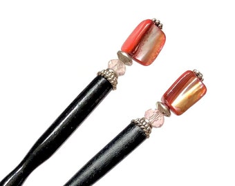 Hair Trend 2023! Set of 2 Tidal Hair Sticks. Pink Mother of Pearl Shell Beaded “Eve”-FREE Shipping. Seen in FLAUNT Magazine