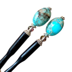 Hair Sticks: Set of 2 &quot;Terra&quot; Blue Jasper Tidal Hair Sticks. The Ultimate Y2K Accessory. Free US Shipping. Handmade. Seen in FLAUNT mag.