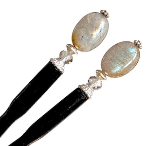 Labradorite Hair Sticks: Y2K Black Lacquered Wood Hair Jewelry (Set of 2)