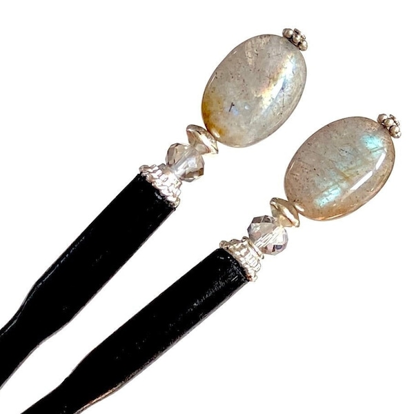 Hair Sticks: 90’s/Y2K Trend. Set of 2 "Malia" Labradorite Tidal Hair Sticks. Seen in FLAUNT Magazine. FREE Shipping.