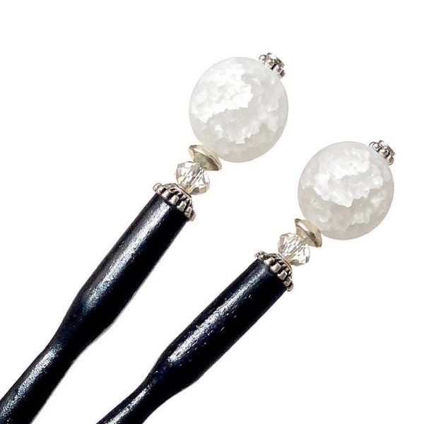 Y2K Hair Sticks. Set of 2 White Frosted Crackle Quartz "Elodie" Tidal Hair Sticks. Seen in FLAUNT Magazine. Free  US Shipping.