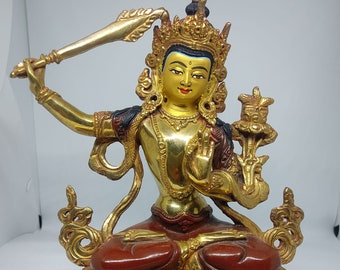 Half Gold Manjushri Figurine - Handmade statue Nepal