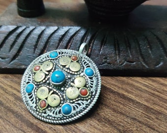 Mandala Pendant Sterling Silver with semi precious stones Nepal