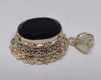 Black Topaz Pendant in White Metal- Tibetan Silver Hand Carved in Nepal