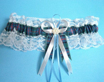 Flower of Scotland tartan wedding bridal garter ivory or white lace. Made in Scotland.