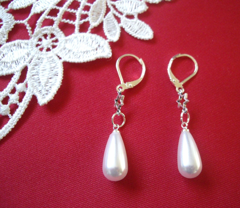 Faux pearl teardrop earrings with sterling silver leverback earwires bridal wedding