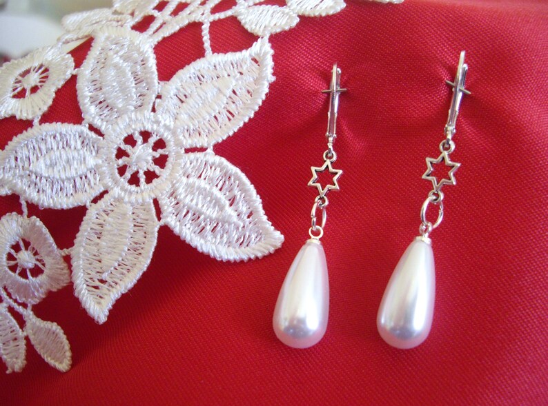 Faux pearl teardrop earrings with sterling silver leverback earwires bridal wedding