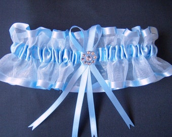 Blue wedding garter bridal garter with diamonte, organza