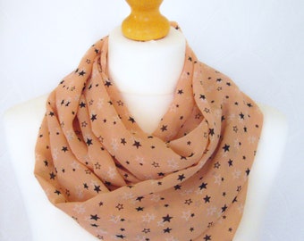 Peach star print infinity scarf loop chiffon cowl scarf