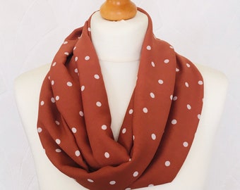 Tan and white polka dot Infinity scarf loop scarf cowl scarf.