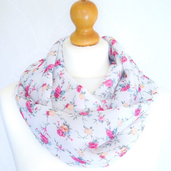 White floral infinity scarf loop scarf flower cowl pink flower