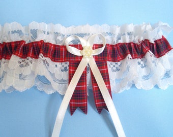 Fraser tartan wedding bridal garter, ivory or white lace standard and plus size