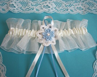 Ivory wedding garter bridal garter organza garter something blue flower diamantes