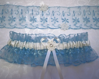 ivory and blue wedding garter bridal garter with diamonte, organza