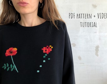 Poppy flower and Pixels of Poppy flower, embroidery PDF pattern, video tutorial, Modern hand embroidery, DIY embroidery, floral sweatshirt
