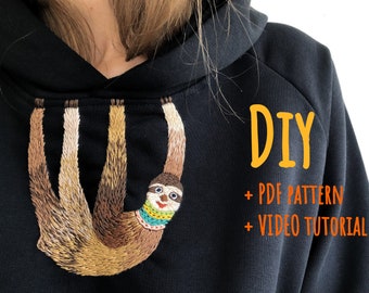 sloth DIY pattern, Embroidery Video tutorial, hand embroidery pattern, sloth gifts, Embroidered hoodie, DIY embroidery, gifts for him