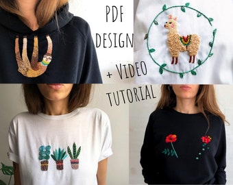 Bundle of 4 Hand embroidery Patterns | Video tutorials | Modern embroidery design | DIY embroidery for sweatshirt | Spring embroidery design