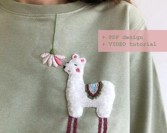 Fluffy alpaca, Embroidery PDF pattern, video tutorial, hand embroidery on clothing, alpaca collage fibre art, cute alpaca, Christmas design