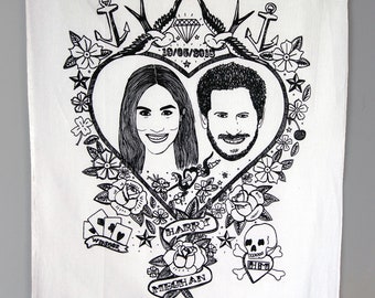 May include: A black and white illustration of a couple in a heart with a tattoo style design. The illustration includes anchors, flowers, stars, and the date 19/05/2015. The text "Harry" and "Meghan" are included in the design.