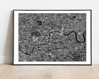 May include: A black and white illustrated map of London, England. The map is filled with tiny illustrations of landmarks, buildings, and other points of interest. The text "The Illustrated Map of London by a Londoner" is at the bottom of the map.