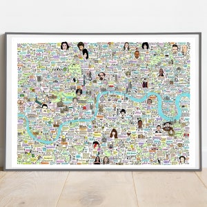 Mapa ilustrado de la historia y la cultura de Londres, calles famosas de Londres, monumentos de Londres, lugares famosos de Londres, Londres famoso, arte urbano
