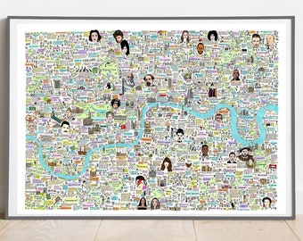 Mapa ilustrado de la historia y la cultura de Londres, calles famosas de Londres, monumentos de Londres, lugares famosos de Londres, Londres famoso, arte urbano