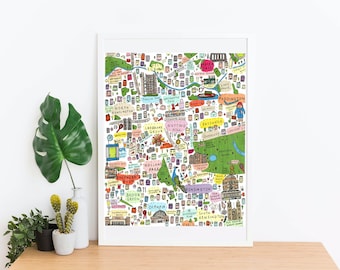 West London Illustrated Map, Famous London Streets, London Landmarks, Famous London Places, Famous London Print, London England Map,