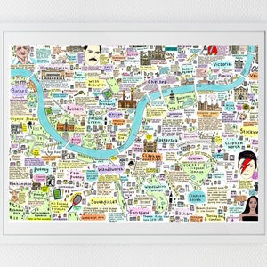 Mappa illustrata della storia e della cultura del sud-ovest di Londra, famose strade di Londra, monumenti di Londra, luoghi famosi di Londra, famosi londinesi