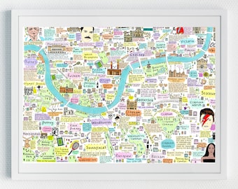 May include: A colorful illustrated map of London, England, with a focus on the Thames River and surrounding neighborhoods. The map includes landmarks, parks, and other points of interest, as well as some famous people associated with the city. The map is drawn in a whimsical style with bright colors and playful details.