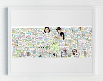 May include: A colorful illustrated map of London, England, with landmarks, famous people, and historical facts. The map includes Regent's Park, Buckingham Palace, and the Houses of Parliament. The map is framed in a white frame.