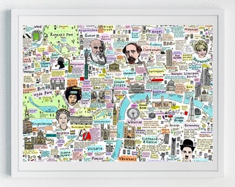 May include: A colorful illustrated map of London, England, with landmarks, streets, and famous people. The map includes Regent's Park, Hyde Park, Buckingham Palace, the Houses of Parliament, the London Eye, Tower Bridge, and more.