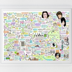 Illustrierte Karte von Geschichte und Kultur im Nordwesten Londons, berühmte Londoner Straßen, Londoner Wahrzeichen, berühmte Londoner Orte, berühmte Londoner Kunst