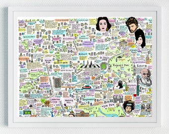 May include: A colorful hand-drawn map of London, England, with various landmarks and points of interest highlighted. The map includes text descriptions of each location, as well as illustrations of famous people and historical events. The map is drawn in a whimsical style with bright colors and bold lines.