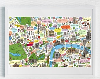 May include: A colorful hand-drawn map of London, England, with various landmarks and points of interest highlighted. The map includes the River Thames, Big Ben, the London Eye, Buckingham Palace, and many other iconic locations. The map is drawn in a whimsical style with bright colors and playful details.
