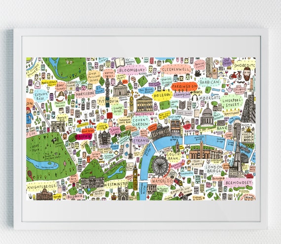 Carte illustrée du centre de Londres, rues célèbres de Londres