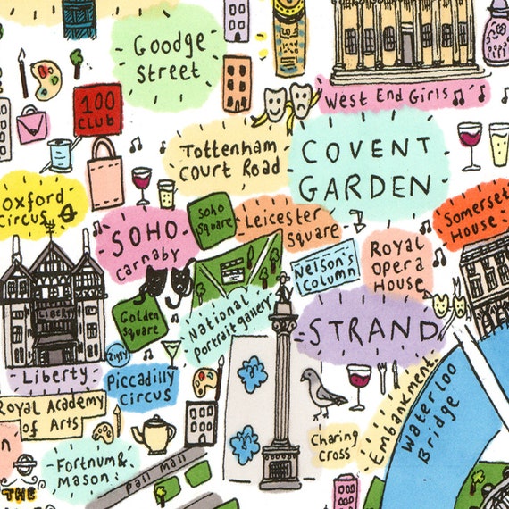 Carte illustrée du centre de Londres, rues célèbres de Londres