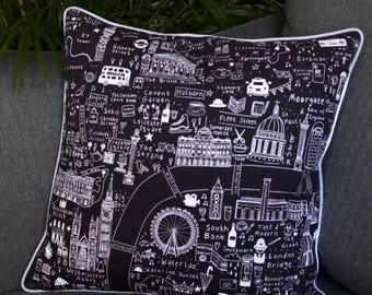 London Cushion, Luxury Cotton, Black and White, UK Made, 45x45cm, London Map