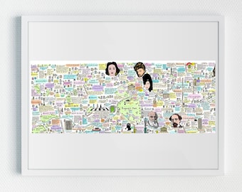 May include: A colorful hand-drawn map of London, England, with landmarks, streets, and famous people. The map includes Regent's Park, Hyde Park, Buckingham Palace, and the Houses of Parliament. The map is filled with details and is a fun and informative way to learn about London.