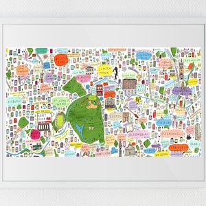 Illustrierte Karte von Nord-London, berühmte Straßen von London, Wahrzeichen von London, berühmte Orte von London, berühmtes London, Nordkunst, London England Kunst