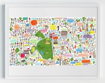 May include: A colorful hand-drawn map of London, England, with various landmarks and neighborhoods labeled. The map includes Regent's Park, Abbey Road, Camden Town, King's Cross, and more.