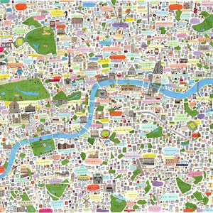 Carte illustrée de Londres en édition limitée, Célèbres rues de Londres, Monuments de Londres, Lieux célèbres de Londres, Oeuvre d'art de la carte de Londres, Cadeau de Noël