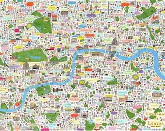 May include: A colorful illustrated map of London, England. The map features landmarks, streets, and neighborhoods. The River Thames is shown in blue, winding through the city. The map includes the text "The Illustrated Map of London."