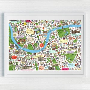 Illustrierte Karte von South West London, limitierte Auflage, 2.Auflage, berühmte Straßen von London, Wahrzeichen von London, berühmte Orte in London