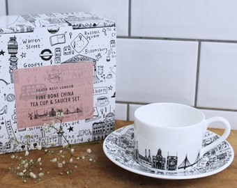 South West London Teacup & Saucer Set, Illustrated London Ceramic Tea Set, Fine Bone China, London Gift Idea, London Design, Luxury Homeware