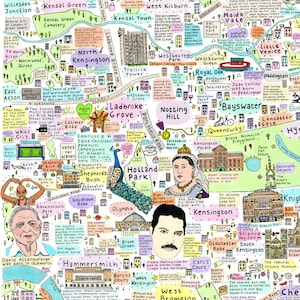Carte illustrée de l’histoire et de la culture de l’ouest de Londres, des rues célèbres de Londres, des monuments de Londres, des lieux célèbres de Londres, des Londoniens célèbres