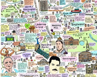 May include: A colorful hand-drawn map of London, England, with various landmarks and points of interest highlighted. The map is drawn in a whimsical style with bright colors and cartoon-like illustrations. The map includes text labels for each location, such as "Kensington Palace", "Notting Hill", and "Shepherd's Bush".