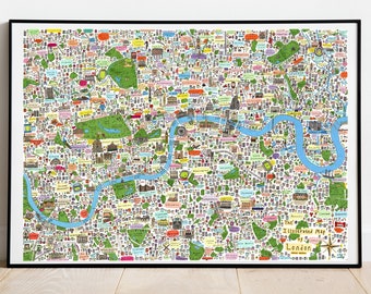 Illustrated London Map Limited Edition, Famous London Streets, London Landmarks, Famous London Places, Christmas Gift, London Art Print